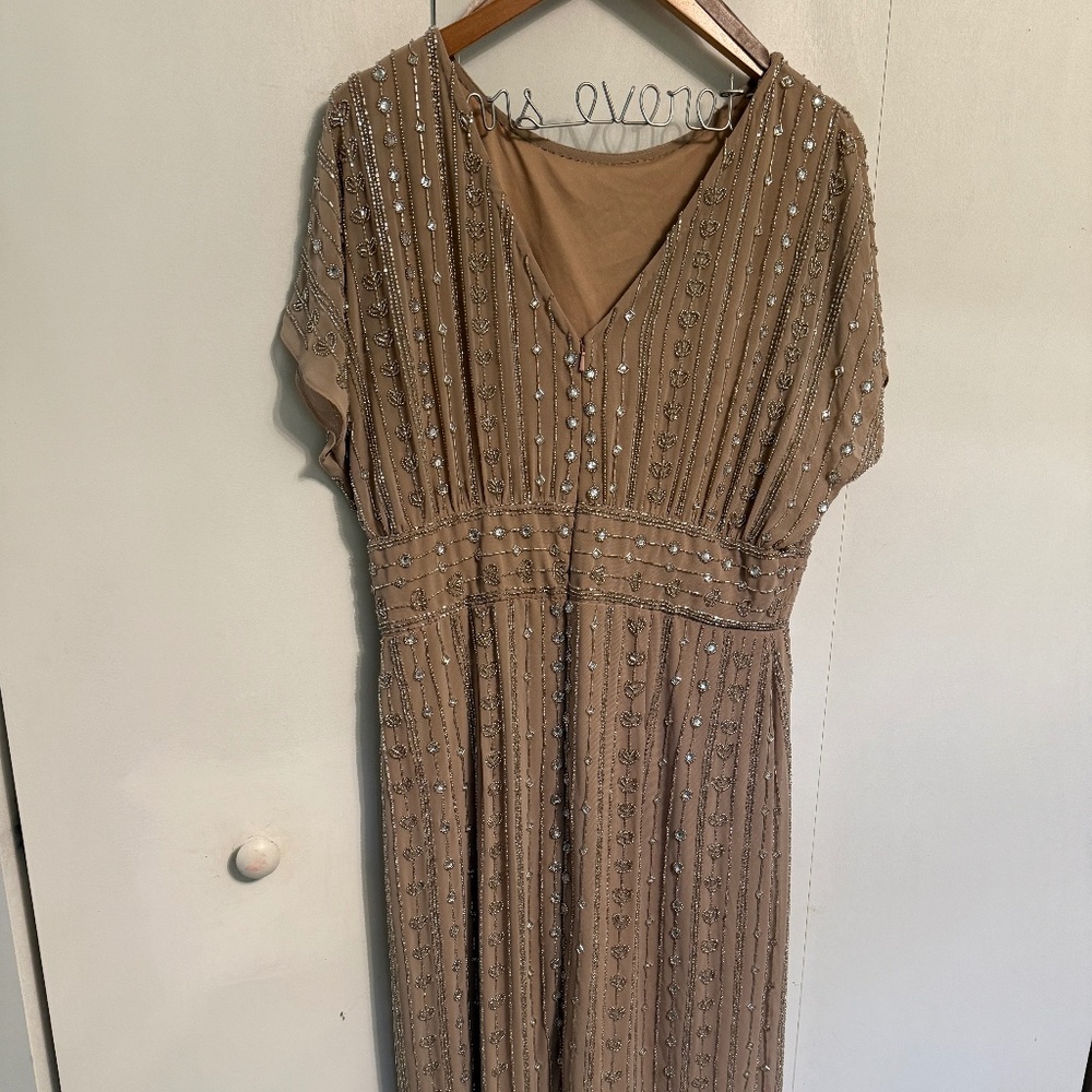 NWT Mac Duggar Beaded Cap Sleeve Empire Waist Cocktail Gown Midi Dress Mocha 12 - Picture 4 of 6